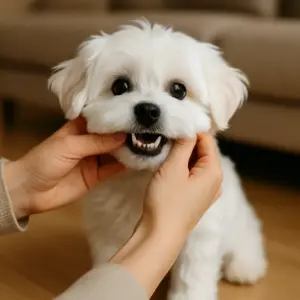 Ein kleiner Malteser wird liebevoll an den Lefzen gehalten, während sein Gebiss sanft gezeigt wird – ideal zur Veranschaulichung der Zahnanzahl beim Hund