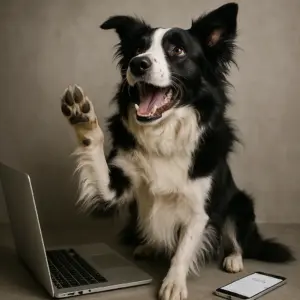 Lachender Border Collie hebt die Pfote vor Laptop – humorvolle Darstellung zum Thema „Hund winselt