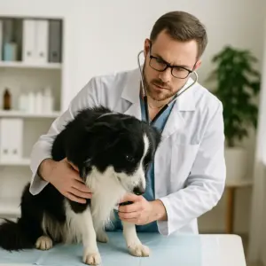 Tierarzt untersucht Border Collie auf dem Behandlungstisch – wichtig bei anhaltendem Winseln oder plötzlichen Beschwerden