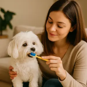 Junge Frau putzt einem weißen Malteser-Hund liebevoll die Zähne mit einer gelben Zahnbürste – praktische Anleitung zum Zähneputzen beim Hund