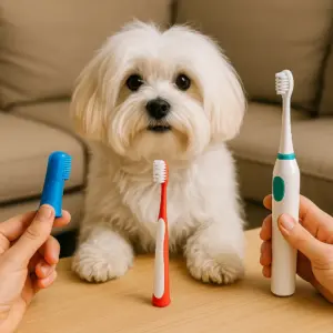 Weißer Malteser-Hund sitzt vor drei verschiedenen Hundezahnbürsten – Fingeraufsatz, Handzahnbürste und elektrische Zahnbürste im Vergleich