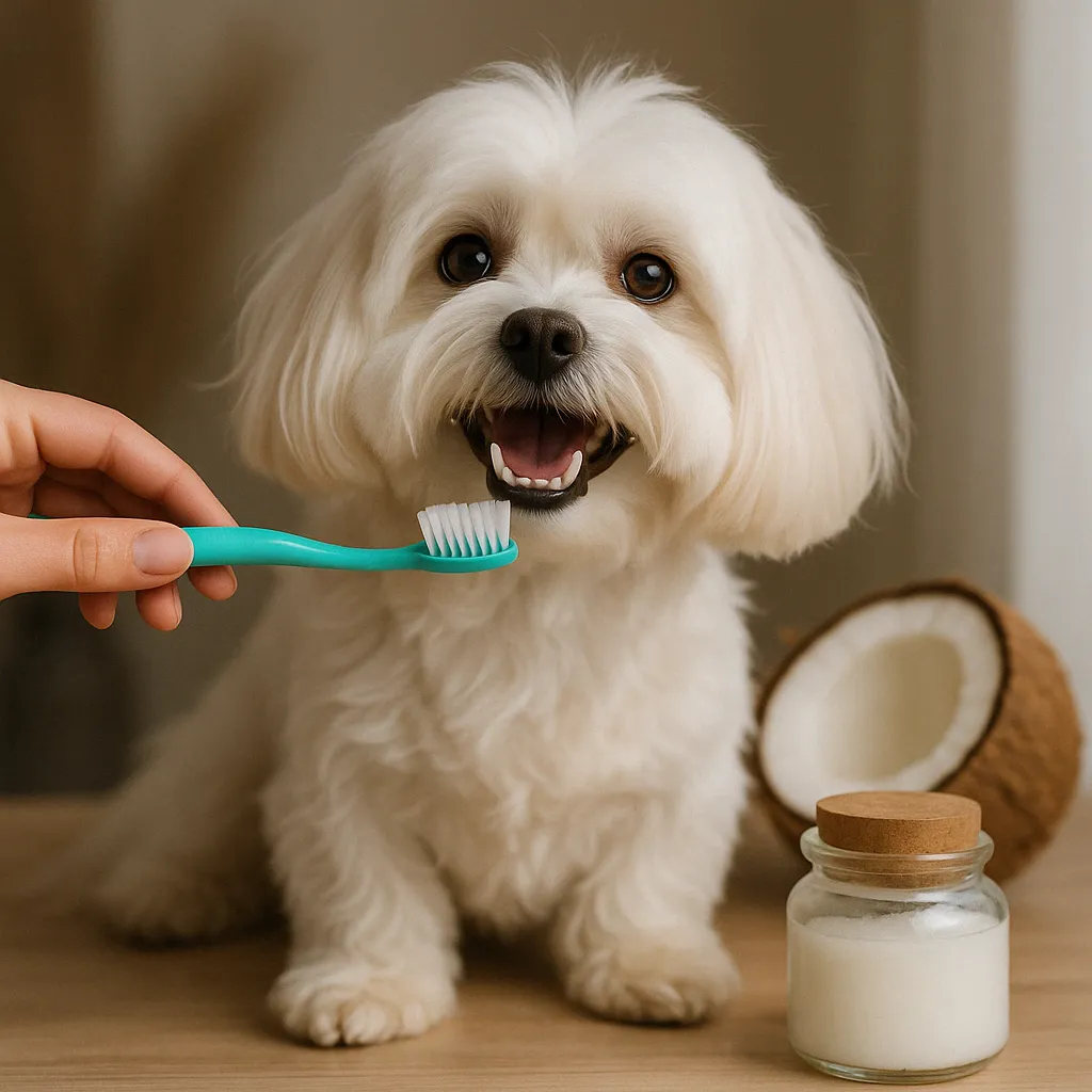Weißer Malteser-Hund sitzt mit geöffneter Schnauze vor einer Zahnbürste, daneben ein Glas Kokosöl – Zahnpflege beim Hund