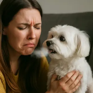 Frau verzieht das Gesicht wegen schlechtem Atem ihres Maltesers – typisches Anzeichen für mangelnde Zahnpflege beim Hund