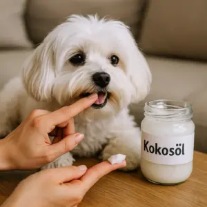 Ein kleiner Malteser-Hund bekommt Kokosöl mit dem Finger ins Maul eingerieben – stellt das Thema Zahnstein beim Hund selbst entfernen dar