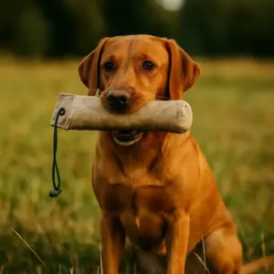 Apportieren Bedeutung Foxred Labrador sitzt mit Dummy im Maul und wartet aufmerksam