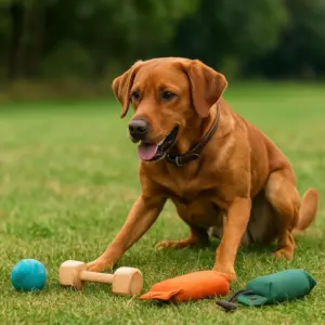 Foxred Labrador sitzt vor verschiedenen Apportiergegenständen beim fortgeschrittenen Training und überlegt was er nun bringen soll