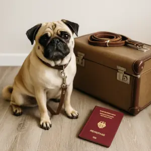 Ein Mops mit Leine sitzt vor einem Koffer und einem deutschen Reisepass – Symbolbild für Auslandsschutz bei Schäden und Unfällen.