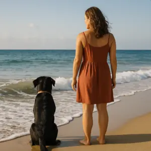 Frau steht mit ihrem schwarzen Labrador am ruhigen Strand und blickt aufs Meer – Symbolbild für die beste Reisezeit für Urlaub mit Hund.