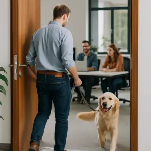 Mann führt seinen freundlichen Hund zum ersten Mal an der Leine ins Büro seiner Arbeitsstelle