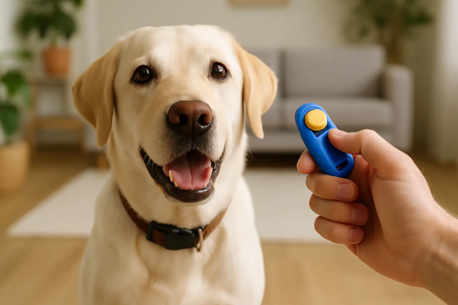 Labrador beim Clickertraining im Wohnzimmer, Halter hält blauen Clicker mit gelbem Knopf