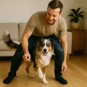 Coole Hundetricks: Australian Shepherd lernt Slalom laufen zwischen den Beinen seines Besitzers.