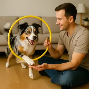 Cooler Hunde-Trick: Australian Shepherd springt mit Freude durch einen Reifen – Anleitung mit Motivation