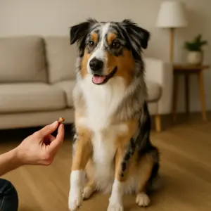 Einfache Hundetricks für Anfänger: Australian Shepherd führt das Kommando „Sitz“ mit Blick auf Leckerli aus.