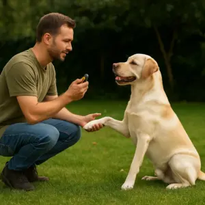 Einstiegsübungen beim Clickertraining: Labrador gibt Pfote, Halter trainiert im Garten mit Clicker