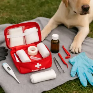 Erste-Hilfe-Set für Hunde mit Verbandsmaterial, Zeckenzange, Thermometer und Medikamenten neben einem liegenden Hund.