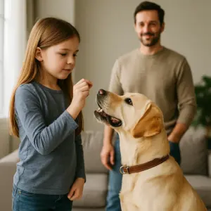 Mädchen gibt ihrem Hund ein Kommando mit Leckerli, während der Vater zusieht.