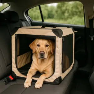 Ein Labrador liegt ruhig in einer leichten, Falt- Transportbox auf der Rückbank – eine praktische Lösung für kurze Fahrten und unterwegs.