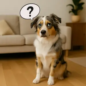 Fehler beim Hunde-Tricktraining: Australian Shepherd blickt fragend mit Sprechblase und Fragezeichen – typische Unsicherheit beim Üben.