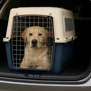 Ein Labrador sitzt ruhig in einer robusten Flugbox im Kofferraum – auch im Auto sinnvoll nutzbar für sicheren Hundetransport.