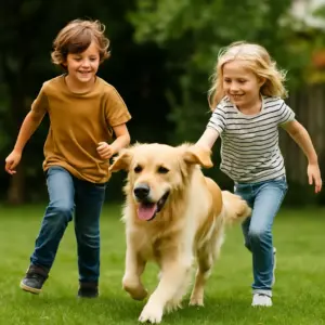 Zwei fröhliche Kinder rennen über eine Wiese und spielen mit einem Golden Retriever – idealtypische Szene für Familien, für die sich eine Hundehaftpflichtversicherung besonders lohnt.
