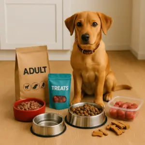 Junger Hund sitzt in der Küche vor verschiedenen Futtersorten und Leckerlis in Näpfen und Verpackungen.