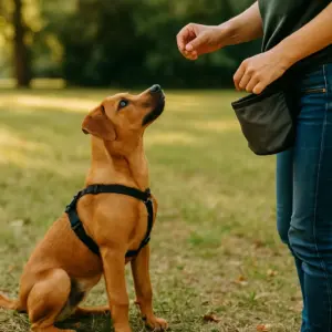 Hund sitzt aufmerksam vor einer Person mit Leckerli in der Hand und Futterbeutel am Gürtel beim Training im Park.