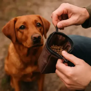 Roter Labrador blickt gespannt auf geöffneten Futterbeutel mit Trockenfutter
