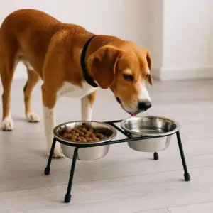 Hund frisst aus erhöhtem Futternapf mit zwei Edelstahlschüsseln für Trockenfutter und Wasser.