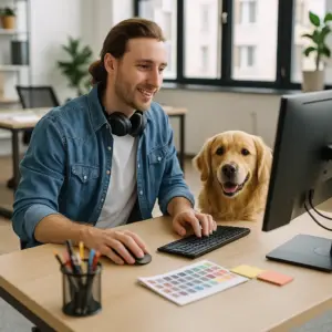 Kreativer Berufstätiger arbeitet am Schreibtisch mit seinem Bürohund an der Seite.