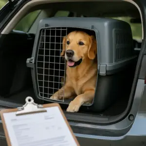 Ein Golden Retriever sitzt in einer Transportbox im Kofferraum, im Vordergrund liegt ein Klemmbrett mit Formular – symbolisch für die gesetzlichen Bestimmungen wenn man einen Hund im Auto transportieren möchte
