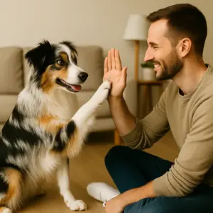 High Five Trick: Australian Shepherd lernt spielerisch Pfoten-Kontakt mit seinem Besitzer im Wohnzimmer.