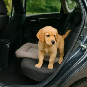 Ein junger Welpe steht neugierig auf dem Rücksitz eines Autos mit geöffneter Tür – erste Schritte, um den Hund ans Autofahren zu gewöhnen.
