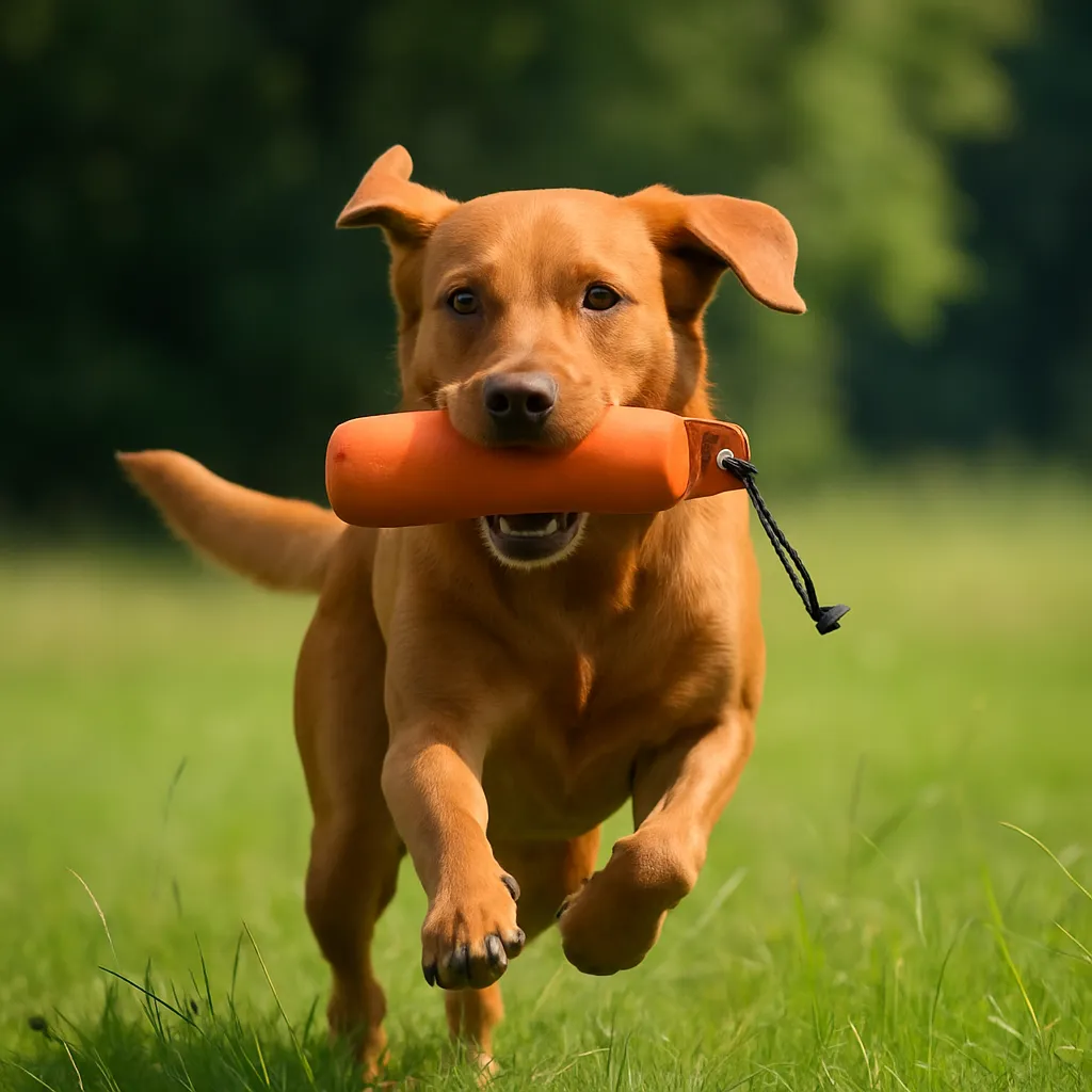 Foxred Labrador apportiert freudig ein Dummy auf einer grünen Wiese