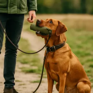 Foxred Labrador mit Dummy im Maul sitzt neben Halter beim Apportiertraining