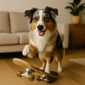 Hund fährt auf Skateboard – Trick-Anleitung: Australian Shepherd mit Pfote auf dem Brett beim Üben zu Hause.