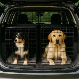 Zwei mittelgroße Hunde sitzen getrennt in sicheren Transportboxen im Kofferraum – eine sinnvolle Lösung für Einzel- und Mehrhundhaltung im Auto.