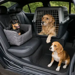 Drei Hunde zeigen verschiedene Möglichkeiten, einen Hund im Auto zu transportieren: gesichert im Autositz, in einer Transportbox und im Fußraum – passend zum Thema Hund im Auto transportieren Möglichkeiten.