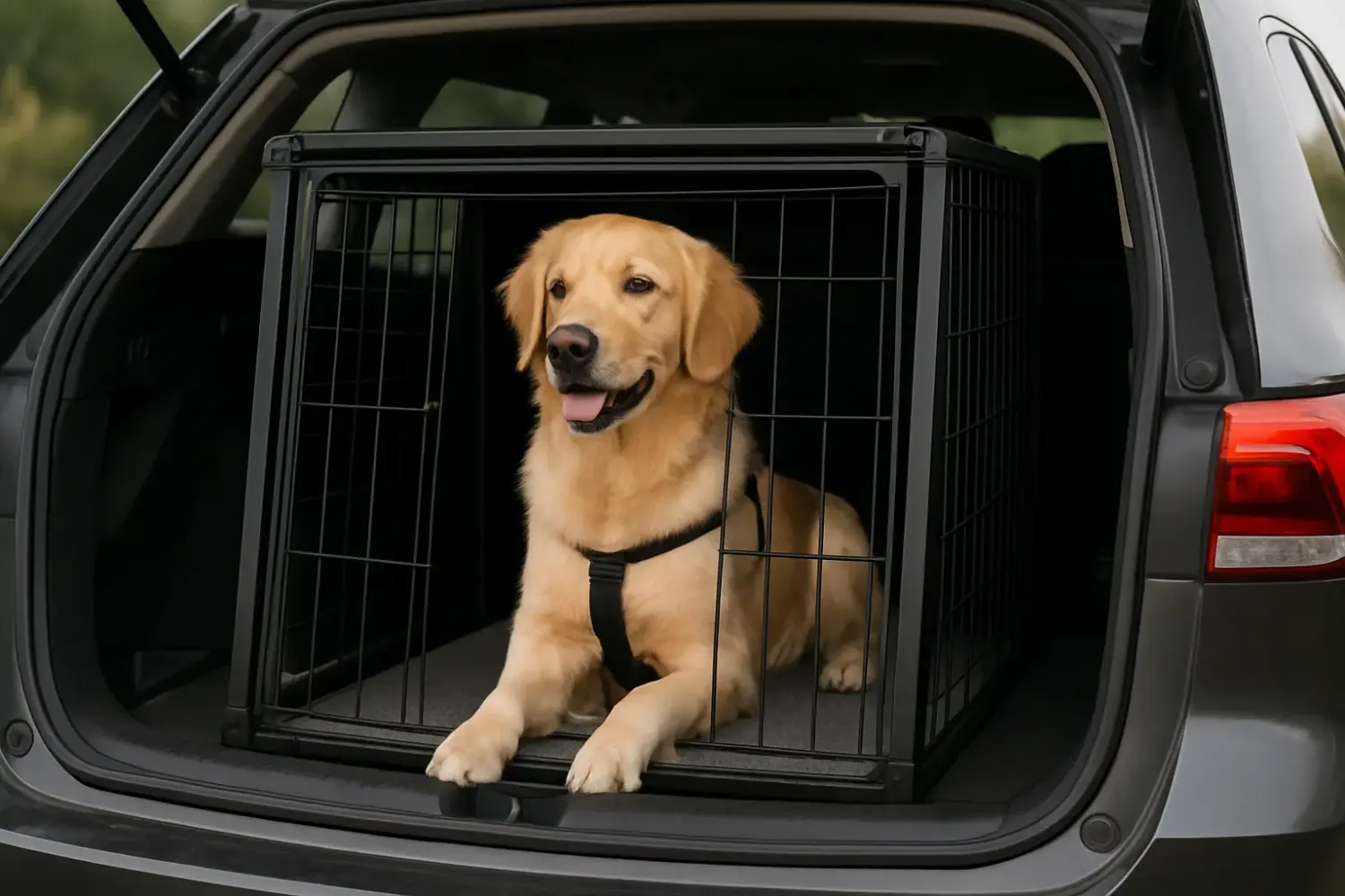 Golden Retriever liegt entspannt in einer stabilen Transportbox im Kofferraum eines Autos – sichere Lösung für den Hundetransport gemäß StVO.
