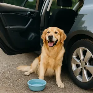 Ein fröhlicher Golden Retriever sitzt neben einem Auto mit geöffneter Tür und einem Wassernapf – Teil einer guten Vorbereitung damit der Hund im Auto transportiert werden kann.