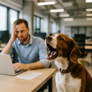 Bürohund bellt laut neben gestresstem Mitarbeitenden am Schreibtisch im Großraumbüro