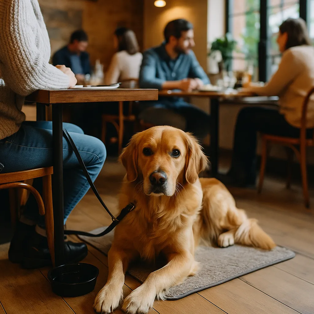 Ruhiger Hund liegt auf einer Decke im Restaurant neben dem Tisch seines Halters – Vorzeigebeispiel für einen gelungenen Restaurantbesuch mit Hund.