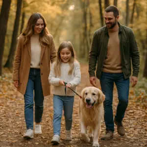 Familie mit Kind geht gemeinsam mit ihrem Hund an der Leine durch einen herbstlichen Wald.