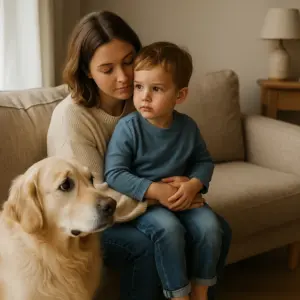 Mutter hält ihr nachdenkliches Kind auf dem Schoß, während der Hund im Vordergrund ruhig blickt – emotionale Herausforderungen im Familienalltag mit Hund