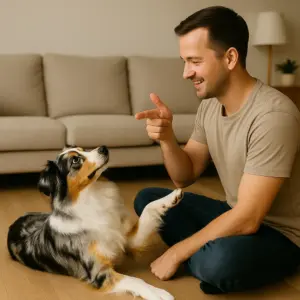 Hund-Kommando „Peng“ beibringen – Schritt für Schritt: Australian Shepherd ist gerade dabei sich hinzulegen.