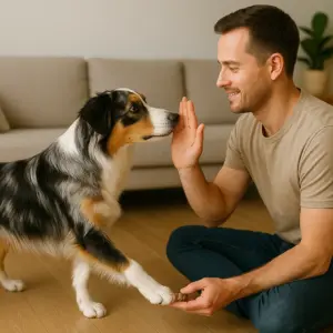 Hund-Kommando „Touch“ beibringen – Anleitung: Australian Shepherd berührt mit der Nase die Handfläche seines Besitzers.