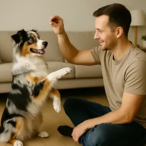 Hund Männchen-Trick beibringen – Schritt für Schritt: Australian Shepherd richtet sich mit Blick auf Leckerli auf