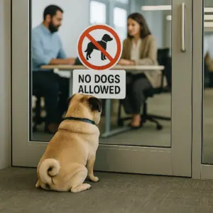 Mops sitzt vor Glastür mit „Keine Hunde erlaubt“-Schild und blickt ins Büro.