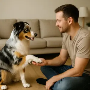 Hund Pfötchen beibringen – Anleitung mit Australian Shepherd beim Training zu Hause.