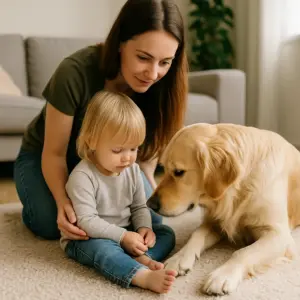 Mutter begleitet Kleinkind beim ersten behutsamen Kontakt mit dem Familienhund im Wohnzimmer