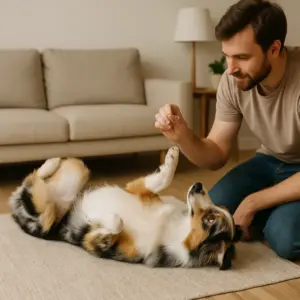 Hund Rolle beibringen – Anleitung: Australian Shepherd übt den Trick mit seinem Besitzer auf dem Wohnzimmerteppich